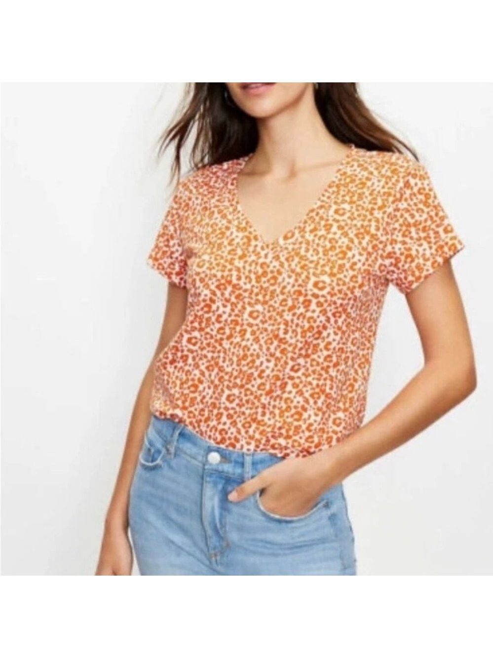 LOFT Vintage Soft Leopard Print Orange and White 100% Cotton V-Neck Tee